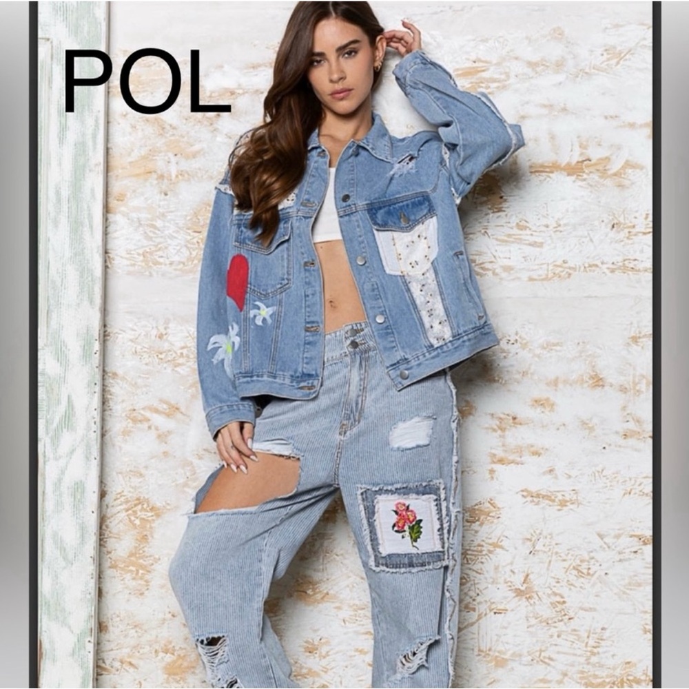 NEW - POL Hand Painted Patchwork and Lace Distressed Denim Jacket